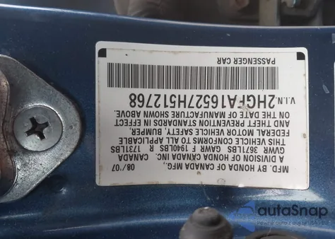 2007 Honda Civic Lx from USA, damaged, VIN 2HGFA16527H512768